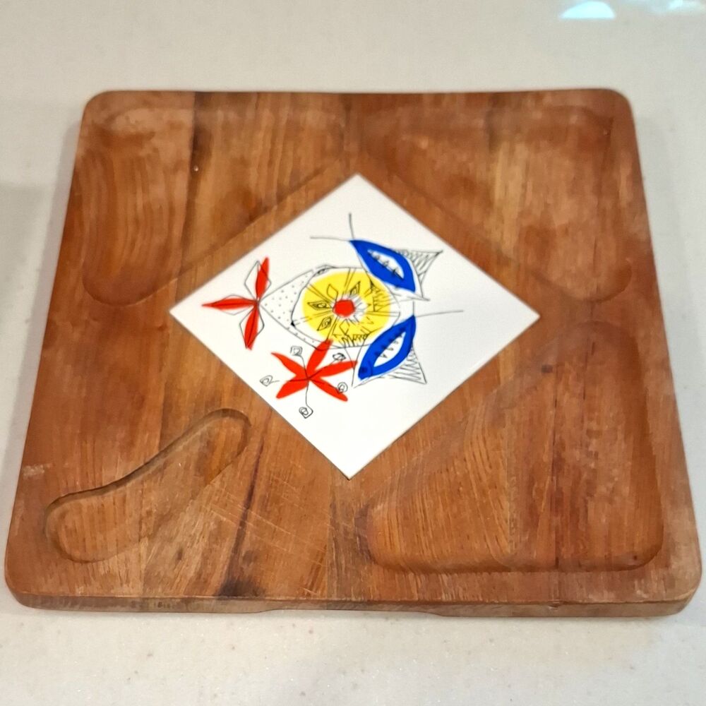 Vintage MCM CI Imports Japan Hand Carved Hardwood Cheese Board Cracker Tray Tile